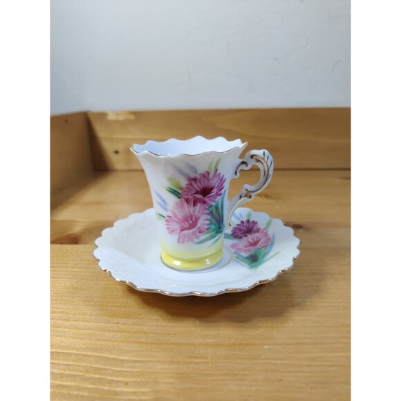 Vtg Sealy Japan Pink Yellow Floral Demitasse Porcelain Tea Cup & Saucer One Chip - Picture 1 of 12